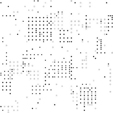 Çeşitli geometrik noktalardan oluşturulmuş soyut desen: daireler, kareler, elmaslar ve noktalar. Elementler bir ızgara deseni içinde dağıtılırlar, bir dijital yapı veya kod hissi yaratırlar..