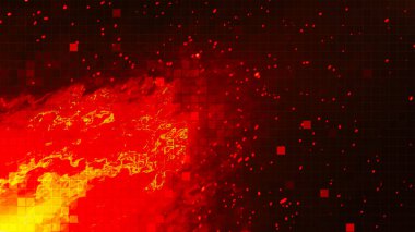 Dinamik, yoğun ve güçlü ateş alevi kırmızı-turuncu tonlarda ve karmaşık bir mozaik arka planda kıvılcımlar var. Vektör illüstrasyonu.