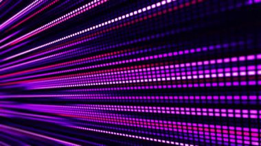 Bir LED veya piksel panelin animasyonu, mavi, mor ve mavi renkli parlak çizgilerin hareket ve enerjinin etkisini yarattığı yer. Video bir veri akışı, hız hissi iletir