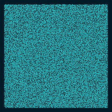 Bu vektör illüstrasyonu koyu arkaplana karşı yoğun, labirent benzeri turkuaz çizgiler tasvir eder. Bileşim, çözümler ve veri akışlarını sembolize ederek sonsuz karmaşıklıkta hareketin etkisini yaratır..