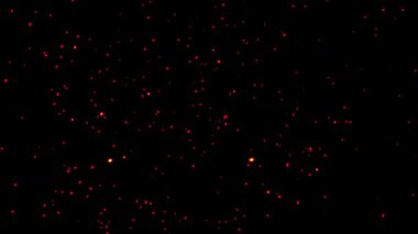 Parlak kıvılcımlar karanlık bir arka plana saçılmış, gece parlayan közler gibi. Her parçacık yumuşak turuncu-kırmızı bir tonda parlayarak hareket ve sıcaklık hissi yaratıyor. Uzayda yüzen ateş parçacıkları