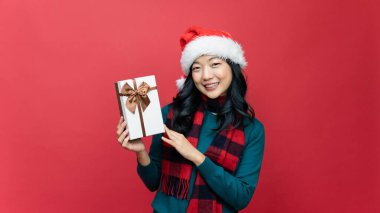 Noel Baba şapkalı ve elinde Noel hediyesi olan oldukça neşeli bir bayan. Duygu gülümsemesi