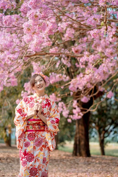 伝統的な着物を着たアジアの女性は春祭りで桜の木の近くで旅行や開催団子をお楽しみください 感情の笑顔 — ストック写真