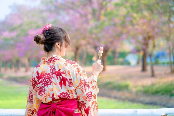 Costas Mulher Japonesa Vestido Quimono Tradicional Desfrutar Viagens Segurando Dango — Fotografia de Stock