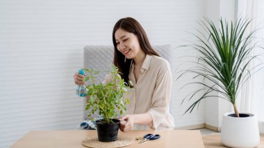 Gülümseyen Asyalı genç bir kadın, bir saksı çiçeğini sprey şişeyle sularken, kapalı bir ahşap masada oturmuş, huzurlu bir bahçe etkinliğinin keyfini çıkarıyor..