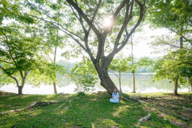Huzurlu bir kadın sabah ışığında sakin bir gölün kenarında büyük bir ağacın altında meditasyon yapıyor. Çevresinde yeşilliklerle çevrili olan doğada farkındalık ve iç huzuru uyguluyor.