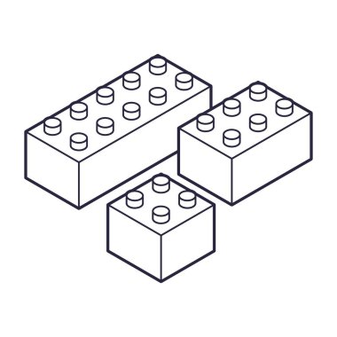 Plastik İnşaat Blokları ve Döşemeler siyah beyaz taslak versiyonu. Çocuklar ve çeşitli çocuk oyuncakları. Düz Plastik İnşaat Blokları.