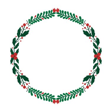 El çizimi Düz Çiçekli Yuvarlak Noel Çerçevesi. Çiçek Çerçeve şablonu.