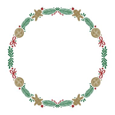 El çizimi Düz Çiçekli Yuvarlak Noel Çerçevesi. Çiçek Çerçeve şablonu.
