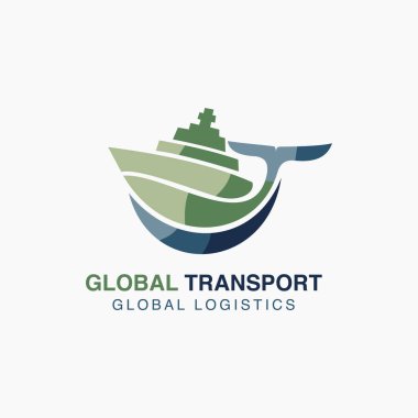 Geminin gövdesiyle balina şeklini birleştiren, küresel bir lojistik konsept taşıyan modern, şık bir ulaşım logosu tasarlayın. Logoda, adaçayı ya da yosun gibi sakinleştirici mavilerle birleştirilmiş yumuşak yeşilliklerden oluşan sakinleştirici bir palet olmalı. 