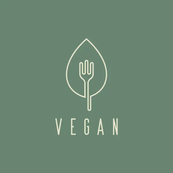 Vegan logosu çatal ve yaprak tasarımı. Vejetaryen gıda ürünleri, sebze veya vejetaryen menüleri olan restoran logoları için kullanılabilir.