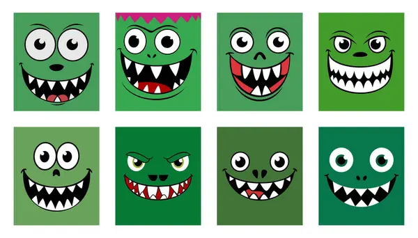 Her biri benzersiz bir tasarıma sahip yeşil canavar yüzleri koleksiyonu neşe, yaramazlık ve neşe gibi çeşitli duygular sergiliyor..