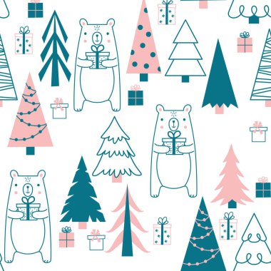 Köknar ağaçları ve ayılarla Noel deseni. Ayılı ve hediyeli desen.