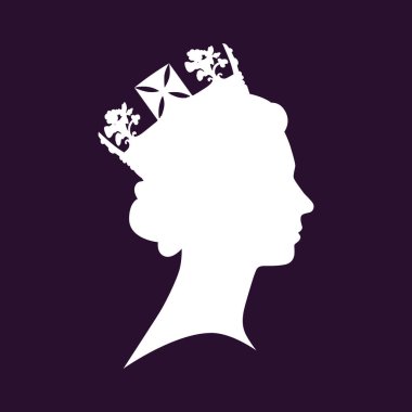 Büyük Britanya Kraliçesi II. Elizabeth 'in silueti. Mor arka planda taç giymiş bir kraliçenin silueti..