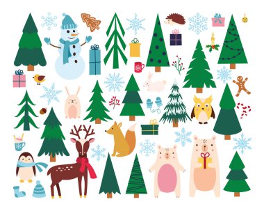 Tasarım için yeni yıl unsurları olan büyük bir set. Hayvanlar, Noel ağaçları, hediyeler, kar taneleri, kuşlar, fincanlar.