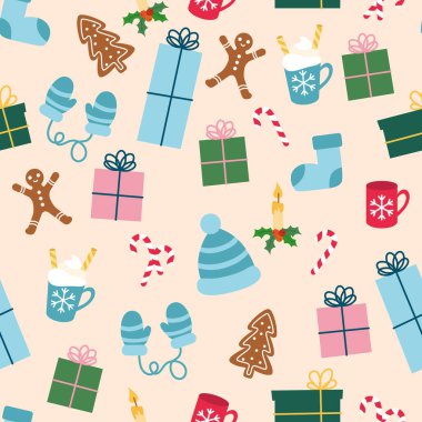 Noel desenli zencefilli ekmek, hediyeler ve giysiler. Paket, kumaş, duvar kağıdı için Noel arkaplanı.