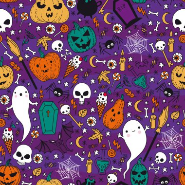 Cadılar Bayramı çizimleriyle desen. Cadılar Bayramı tarzında giysi, kumaş ve ambalaj deseni.