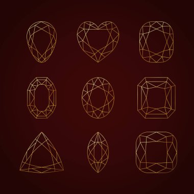 Koyu arkaplanda altın rengi dokuz güzel doğrusal değerli taş koleksiyonu.