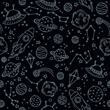 Çeşitli uzay nesneleri. Siyah arkaplanda boşluk olan desen.