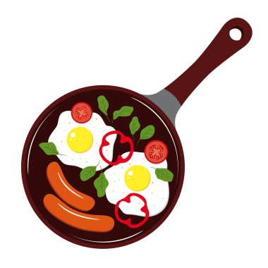 Kahvaltıda kızartma tavası. Tavada yemek. Yumurta, biber, sosis, domates ve bir tavada ıspanak..