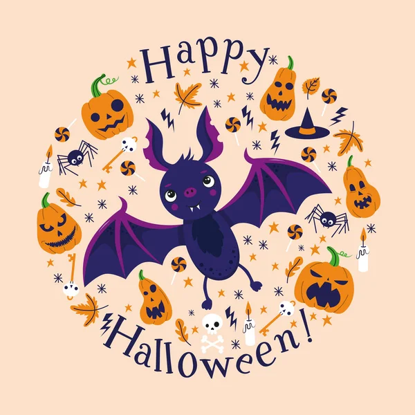 Gelukkige Halloween Wenskaart Leuke Cartoon Vleermuis Met Halloween Pompoenen — Stockvector
