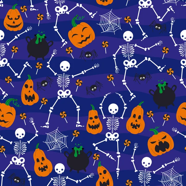 Patrón Vectorial Con Esqueletos Calabazas Arañas Para Halloween — Archivo Imágenes Vectoriales
