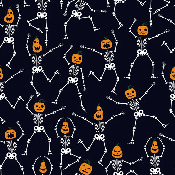 Patrón Con Esqueletos Cabeza Calabaza Patrón Halloween Con Esqueletos Sobre — Vector de stock
