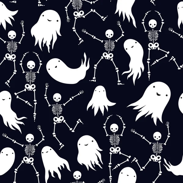 Patrón Vectorial Con Fantasmas Lindos Esqueletos Baile Fondo Halloween Con — Archivo Imágenes Vectoriales
