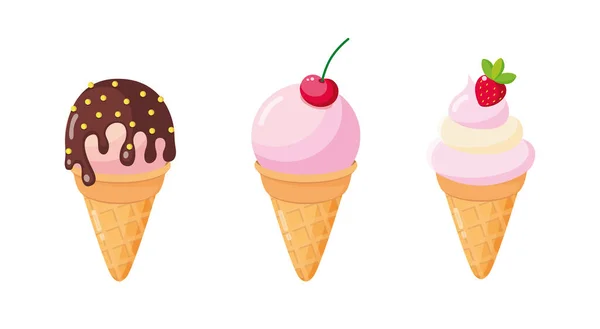 设置与不同的冰淇淋 巧克力冰淇淋 樱桃冰淇淋 草莓冰淇淋 — 图库矢量图片