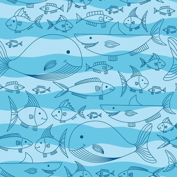 stock vector Seamless pattern with fish, shark and whale on a striped blue background.