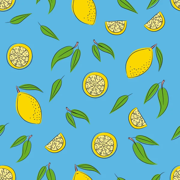 Muster Auf Blauem Hintergrund Mit Zitronen Und Zitronenscheiben — Stockvektor