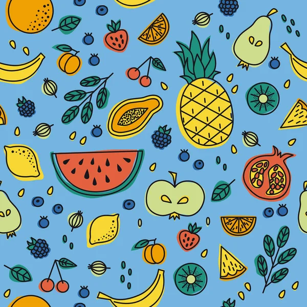 Beautiful Pattern Different Fruits Repeating Pattern Blue Background Clothes Wrapping — Stock Vector