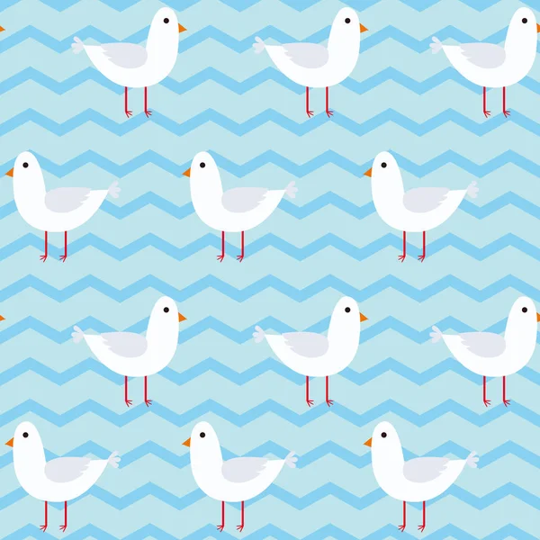 stock vector Seamless pattern with seagulls and zigzags. Sea background with waves and seagulls in blue.