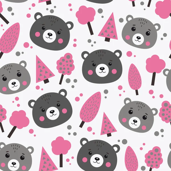 ピンクやグレーでクマや木とシームレスなパターン — ストックベクタ