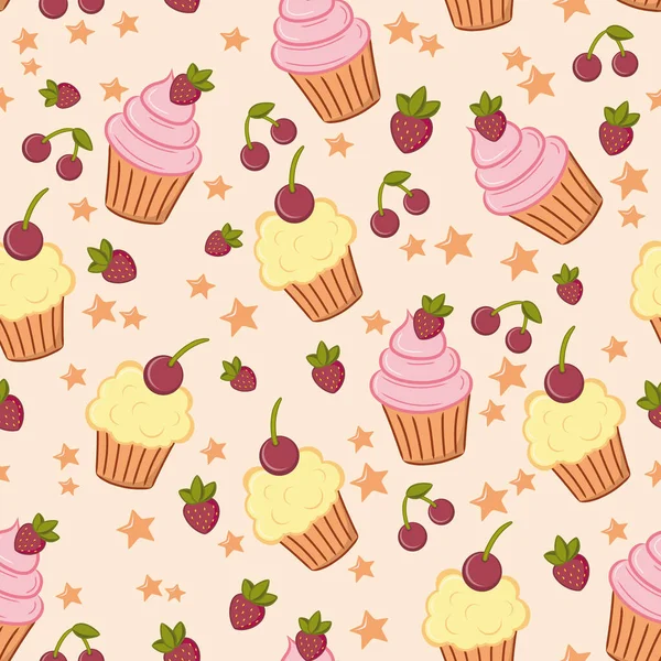 Modèle Fond Avec Cupcakes Cerises Fraises — Image vectorielle