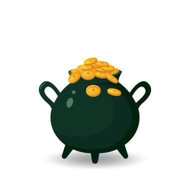 Pot of gold coins for St. Patrick's Day. Coins with clover in a pot on a white background.