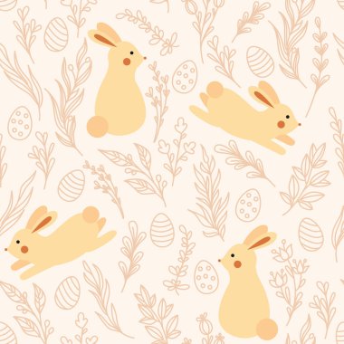 Easter pattern with bunnies, Easter eggs and plant sprigs. Pattern with cute rabbits.