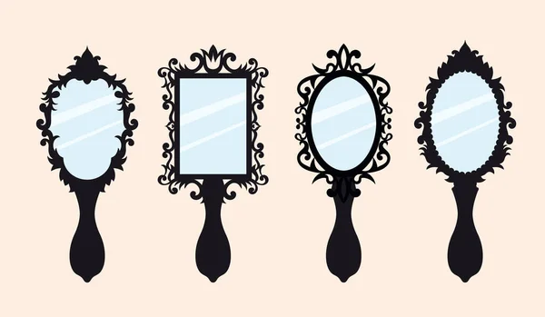 Vector Set Hand Mirrors Beautiful Ornamental Frame Retro Mirror Gothic — Stock Vector