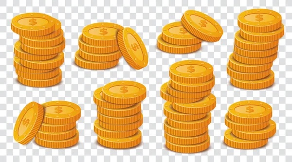 Набор Пачками Монет Золотые Монеты Прозрачном Фоне — стоковый вектор