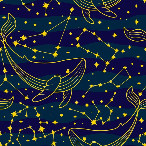 Modèle Vectoriel Avec Baleines Constellations Fond Bleu Avec Baleines Pour — Image vectorielle