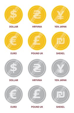 Altın ve gümüş renkli döviz tabelaları. Dolar işareti, Hryvnia, Euro, pound, yen ve şekel.