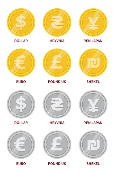 金と銀の色の通貨記号のベクトルセット ドル記号 ギブル ユーロ ポンド シェケル — ストックベクタ