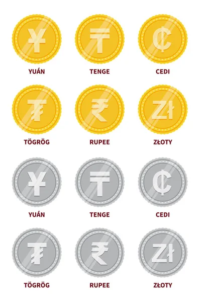Para işaretli altın ve gümüş paralar. Dünya para birimi işaretleri. yuan, tenge, cedi, tongog, rupee, zloty