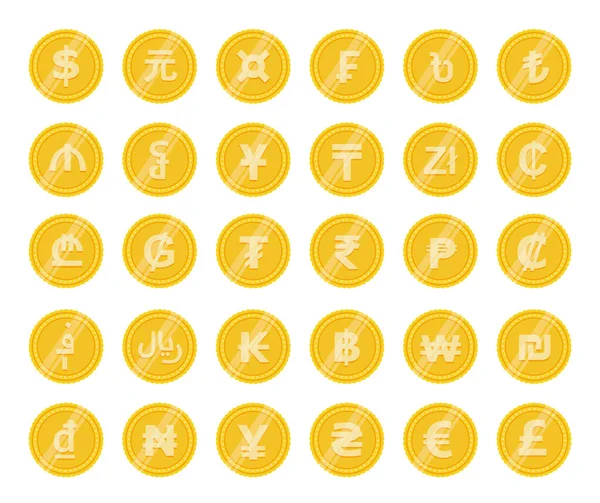 通貨記号付きのコインのセット 世界通貨の普遍的名称 — ストックベクタ