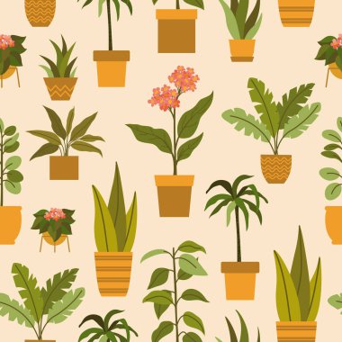 Kapalı alandaki bitkilerin vektör deseni. Saksıdaki bitkilerle dolu bir arka plan. Kumaş ve ambalaj kağıtları için harika..