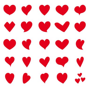 Çeşitli şekillerde kırmızı kalplerin vektör seti. Dekorasyon için kupa koleksiyonu