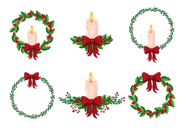 Vector Set Christmas Wreaths Candles Christmas Candles Holly Christmas Frames — Stock Vector