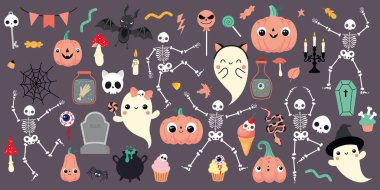 Cadılar Bayramı için elementler ve sevimli karakterler. Şirin hayaletler, balkabakları, iskeletler.