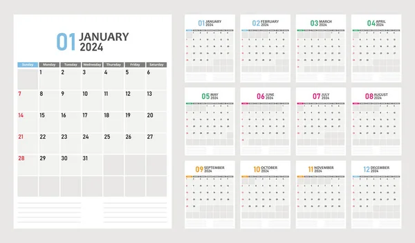 2024 için vektör takvim ızgarası. Pazar gününden itibaren haftanın takvimi.