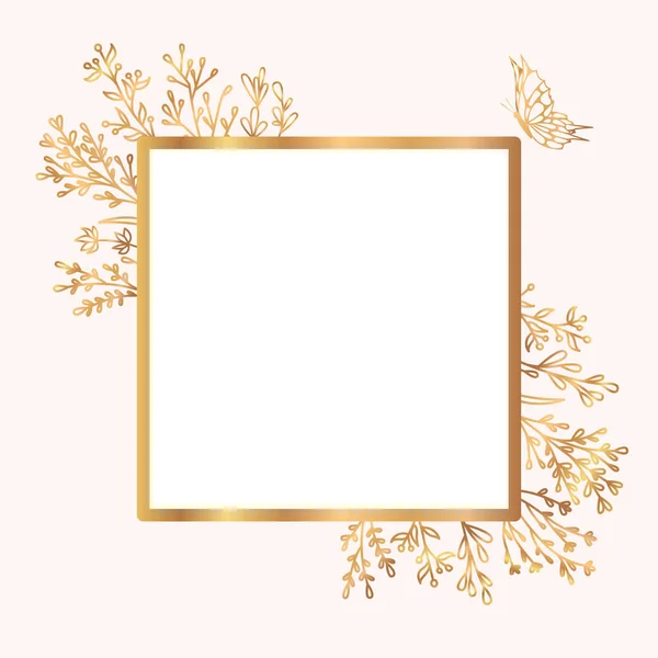 Vector Golden Frame Plants Floral Frame Wedding Invitation Certificate — Stock Vector